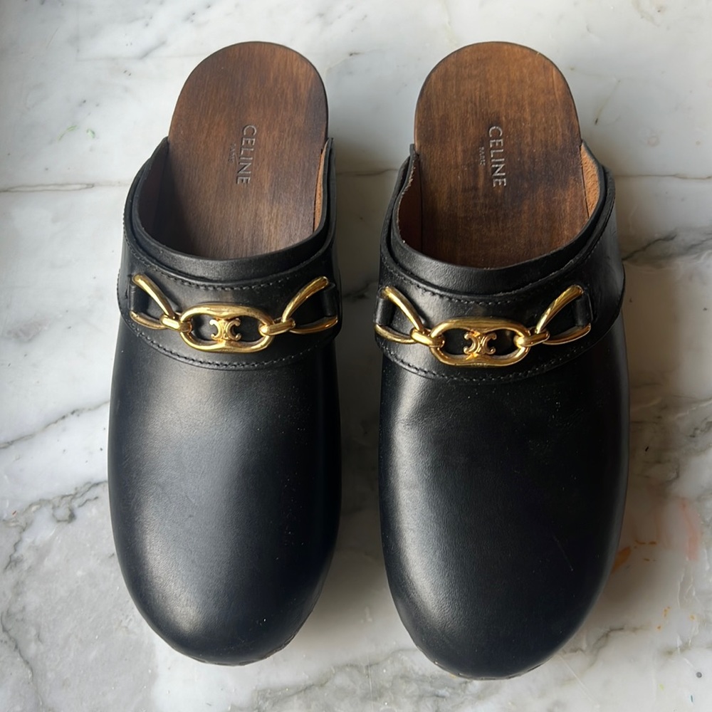 Celine Black Leather Mules with Gold Chain Detail